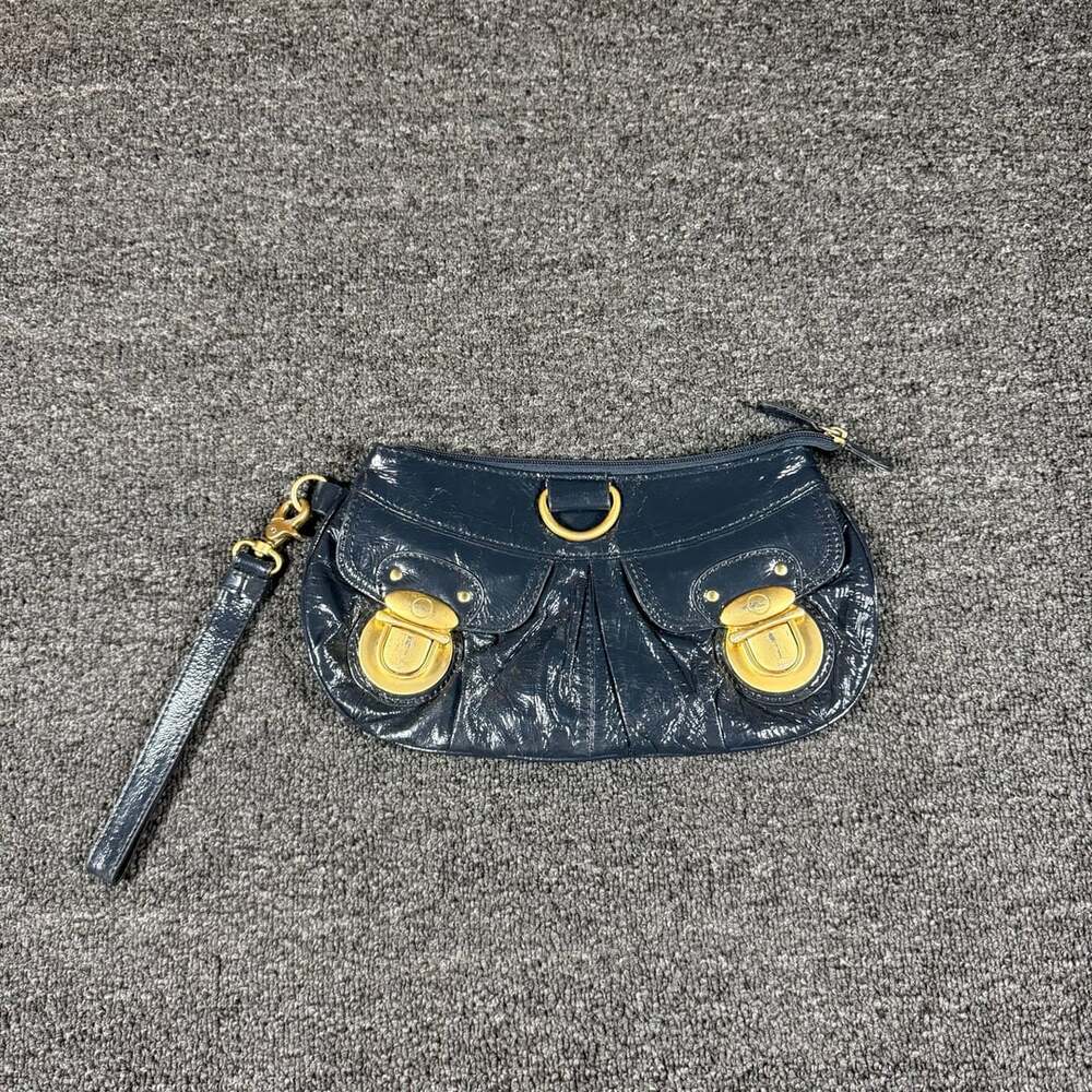 Hype Navy Blue Crackle Patent Leather Double Pushlock Wristlet Clutch